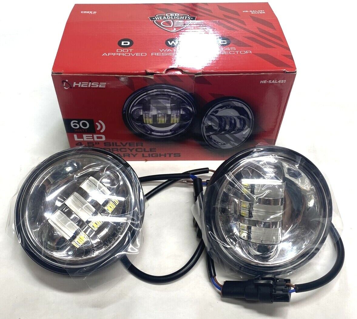 Heise HE-SAL451 60w Motorcycle 4.5 Inch AUX Pair Silver Front 6-led Headlights